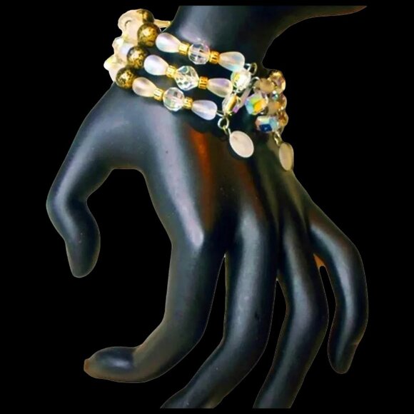 Retro Crystal Aurora Frosted Glass Wide Bangle Bracelet, One of a Kind – Bridal - Picture 7 of 10